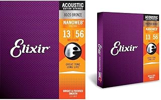 Elixir 11102 Strings 80/20 Bronze Acoustic Guitar Strings w NANOWEB Coating, Medium (.013-.056) & 16102 Strings Phosphor Bronze Acoustic Guitar Strings w NANOWEB Coating, Medium (.013-.056)