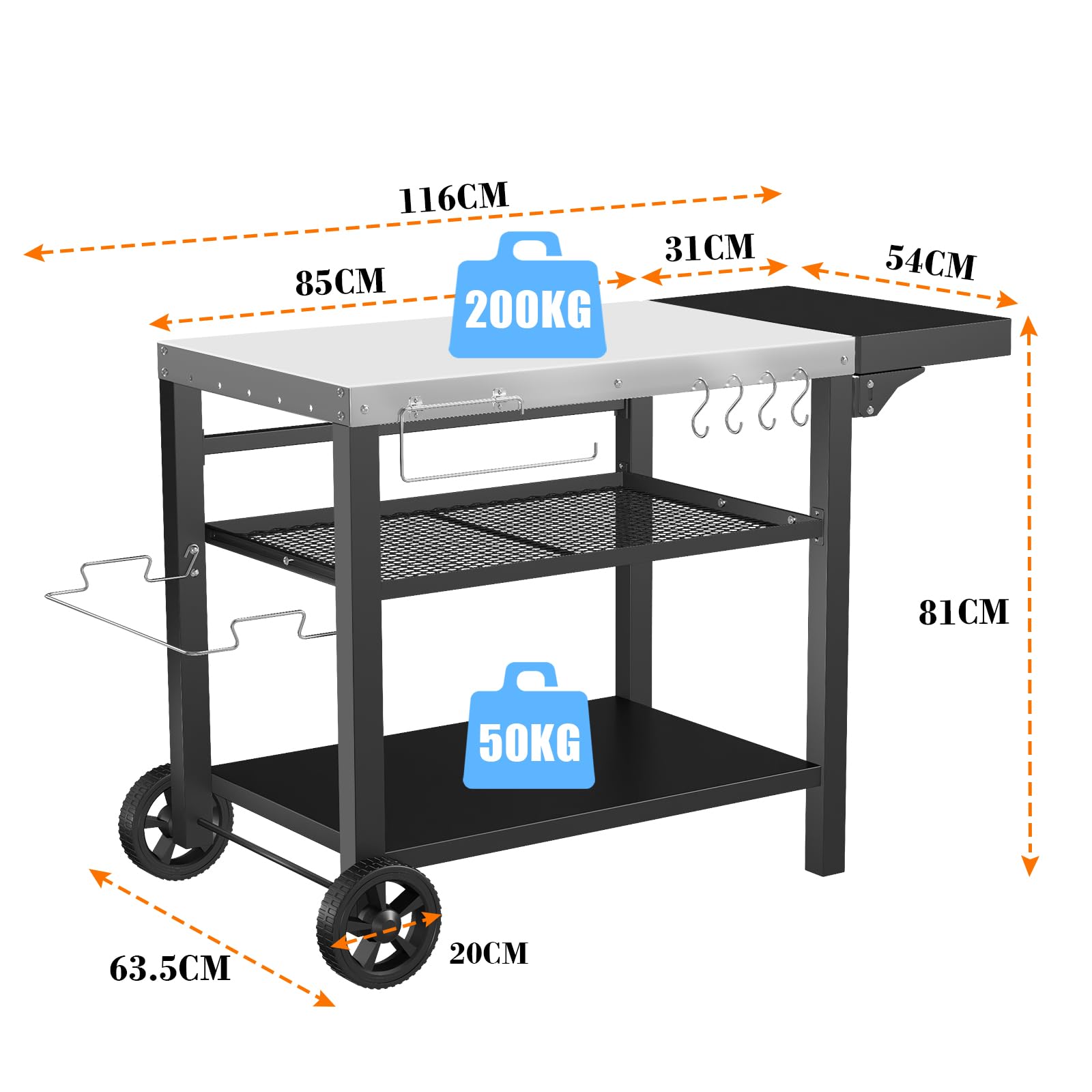 Denmay Table de barbecue en acier inoxydable 116 x 54 cm, 3 étages, support de four à pizza, table extérieure, chariot de travail avec 4 crochets, chariot de service