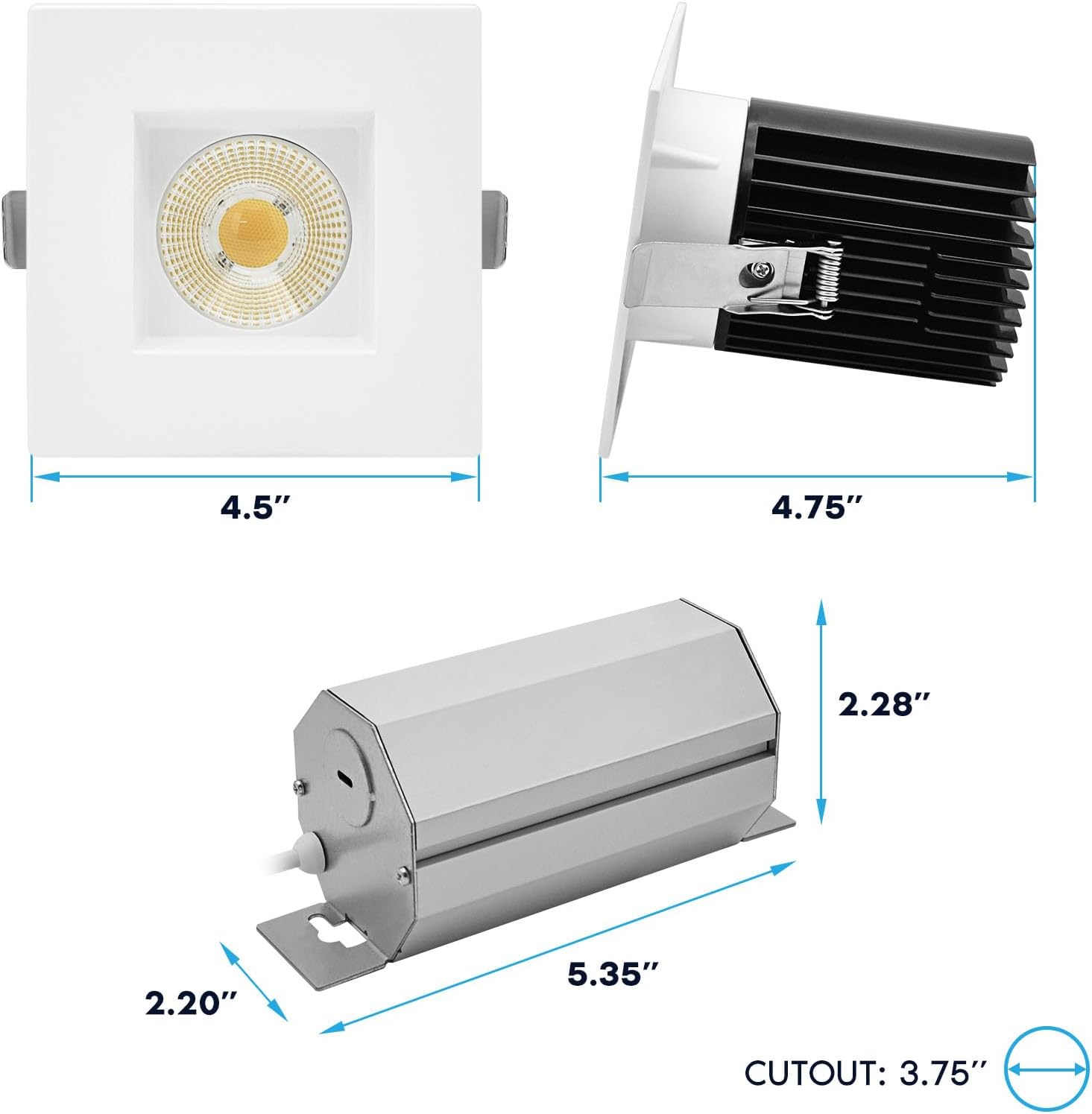 LUXRITE 4 Inch Recessed Light, Regressed Canless LED Spotlight, 5CCT 2700K-5000K, CRI90, 22W, 1700 Lumens High Output, 60º Wide Flood, Square White Trim, Dual Dimmable, IC & Wet Rated