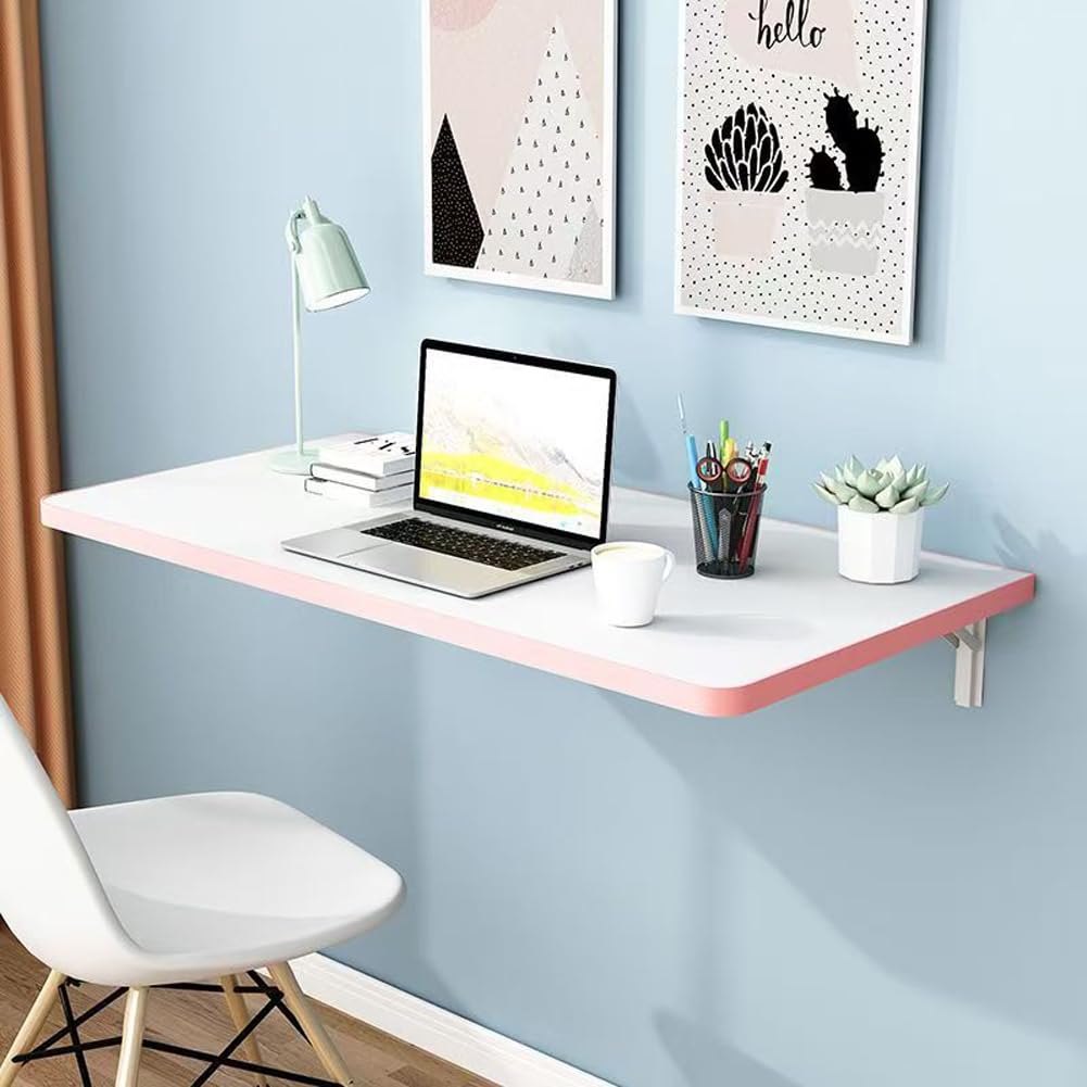 GDMDPTE Space-Saving Wall-Mounted Folding Table Pink Drop-Leaf Workbench for Home Office Kitchen & Laundry - Compact Floating Laptop Desk with Brackets (60x20CM)