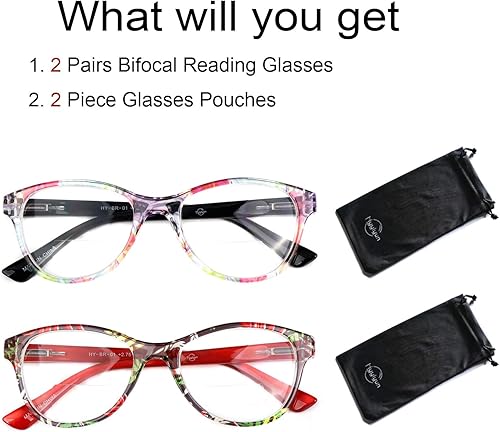 Miniatura 5 de 2 pares de lentes de lectura bifocales para mujer, bisagra de resorte, diseño de ojo de gato, lentes transparentes con estuche rígido y bolsa
