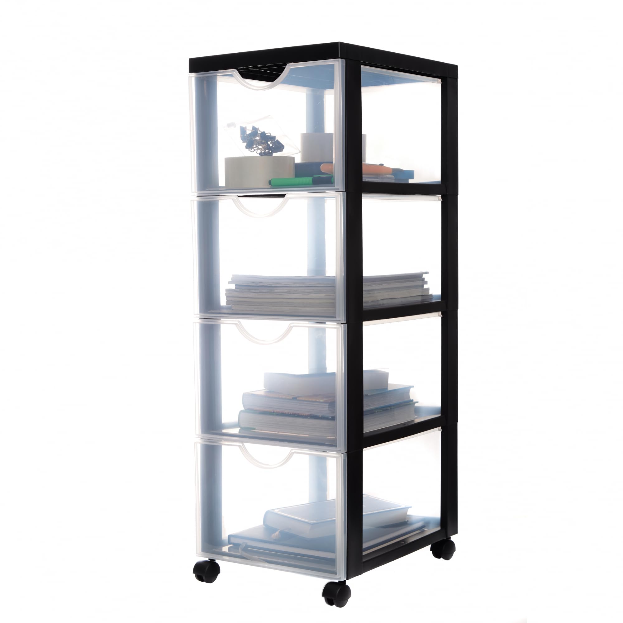 Iris OhyamaPlastic Storage Drawer Unit with Wheels, 4 Deep Drawers, Black, Easy-Pull Handles, Supplies Organiser, For Bedroom, Bathroom, School & Office, BPA Free, Chest, Tower, DDDC-304