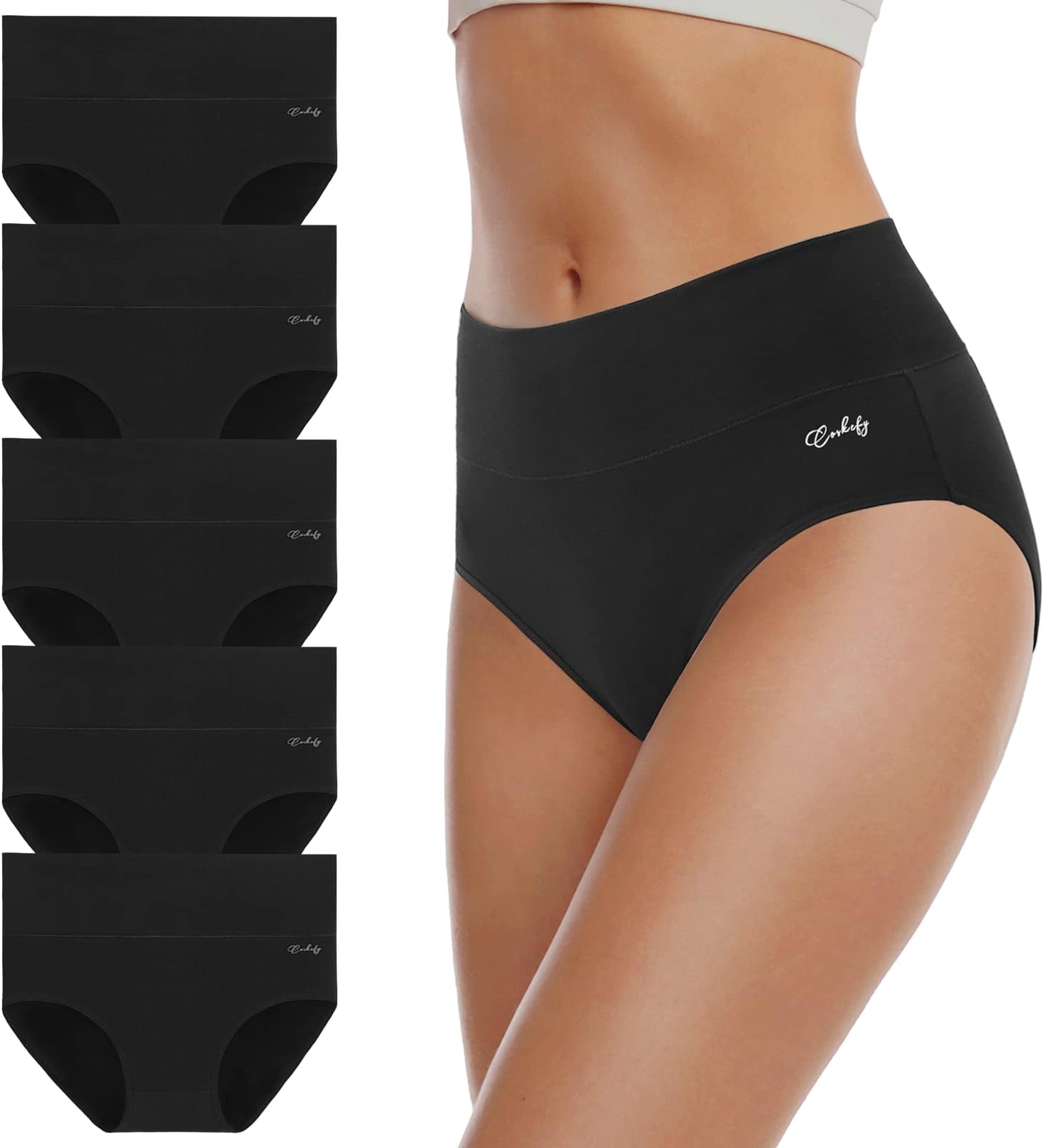 coskefyWomen's High Waisted Underwear Cotton Stretch Briefs Ladies Breathable Seamless Hipster Panties 5 Pcs