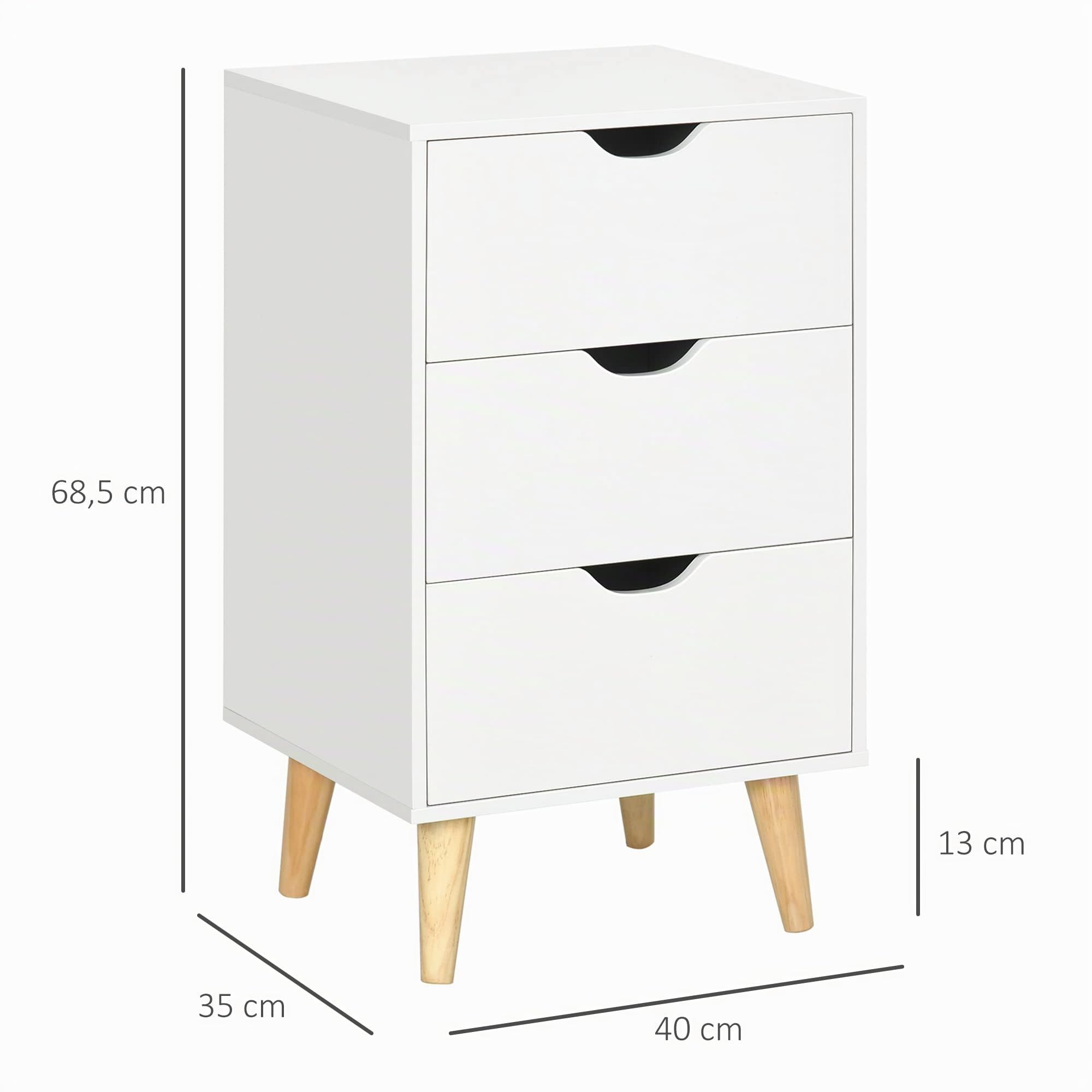 HOMCOM Comodino Comodino con 3 cassetti Gambe in legno di pino Bianco | Tavolino laterale, per camera da letto soggiorno