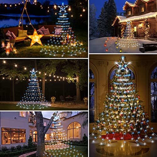 Outdoor Curtain Lights Star Fairy Lights Mains Powered Window Curtain Lights Plug in Hanging Tree Lights 335 LED for Xmas,Outside, Room Gazebo Decor(Blue+White)