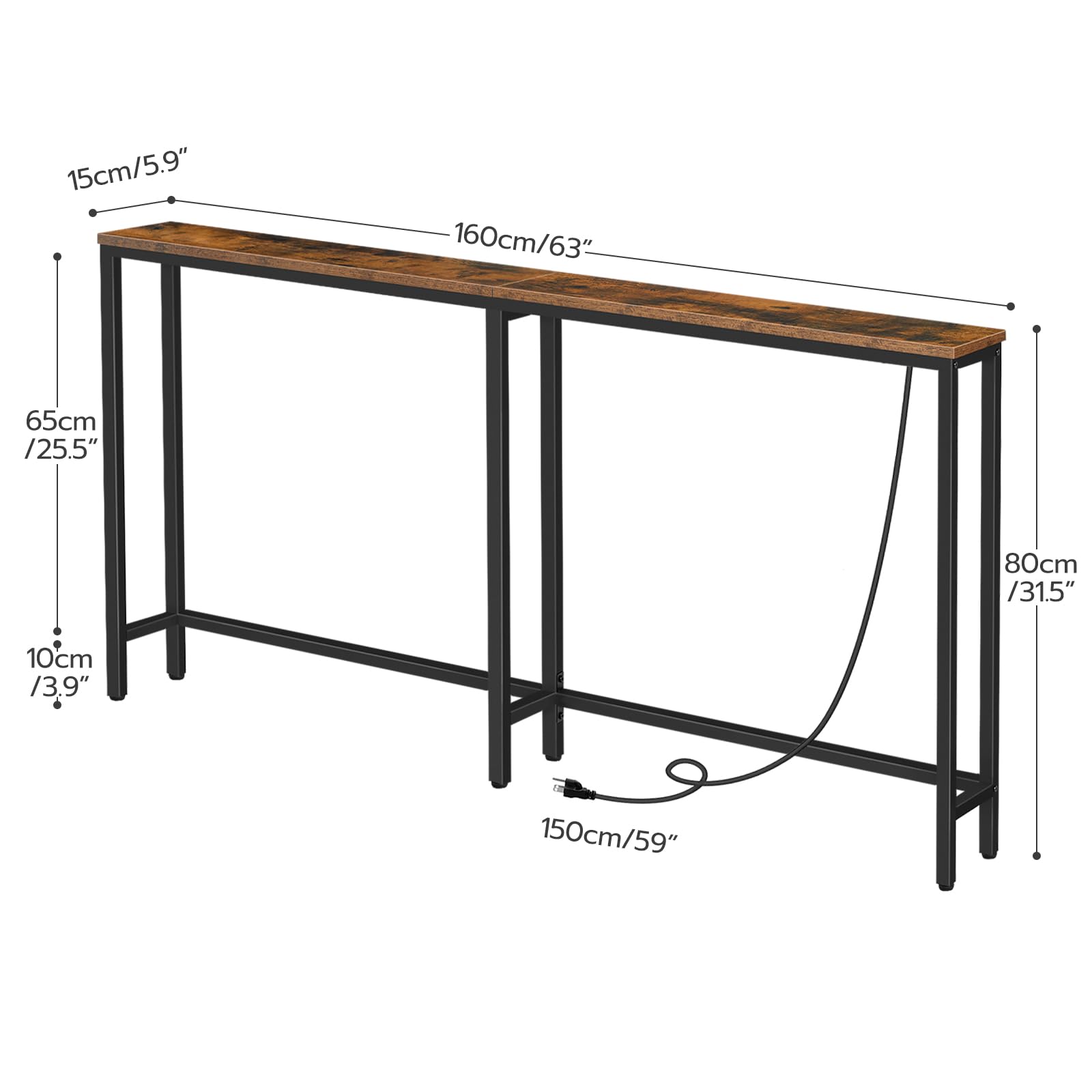 Mesa consola estrecha de 63 pulgadas con estación de carga, mesa de sofá de 5.9 pulgadas con 2 tomas de corriente y puertos USB, mesas de entrada largas detrás de la mesa del sofá, para pasillo 6