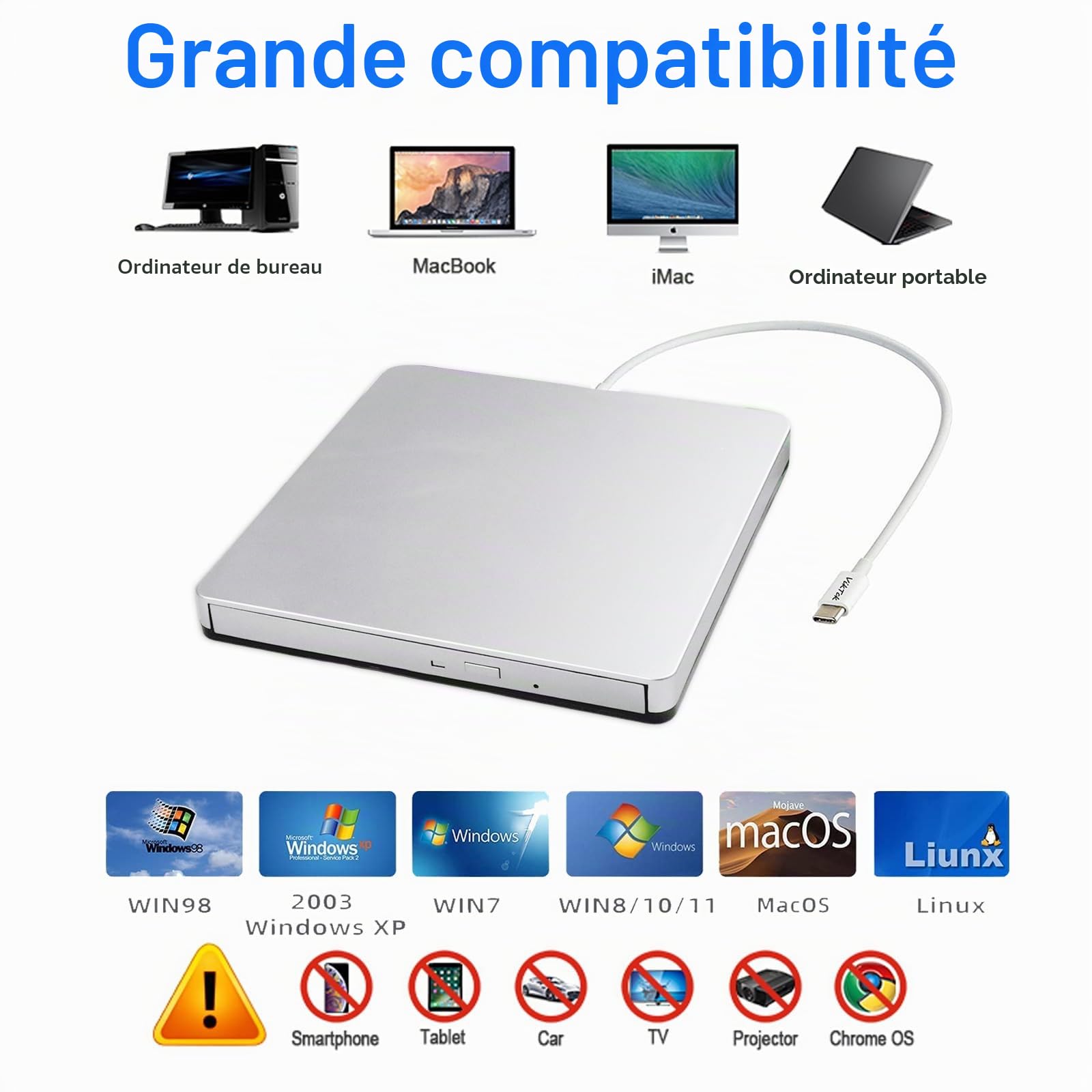Lecteur DVD CD Externe USB-C SuperDrive Portable Lecteur/Graveur de DVD CD pour Apple - MacBook Air/Pro/iMac/Mini/MacBook Pro/ASUS/Dell/Ordinateur Portable avec Port USB-C Plug and Play