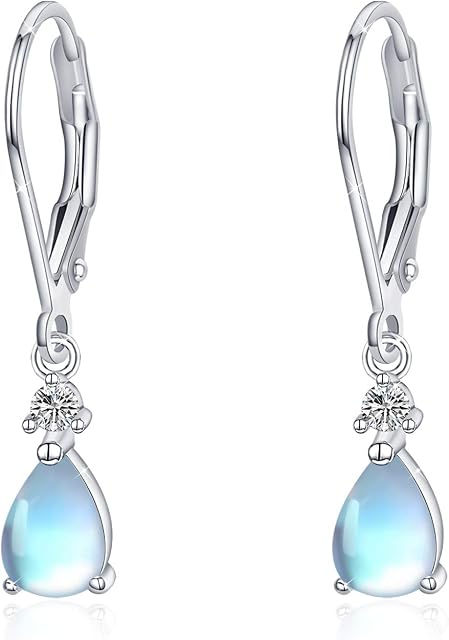 Rainbow Moonstone/Turquoise/Amber Dangle Drop Earrings Gemstones Oval Bezel 925 Sterling Silver Leverback Hoop Drop Earrings For Women Teen with Jewelry Earrings Gift Box