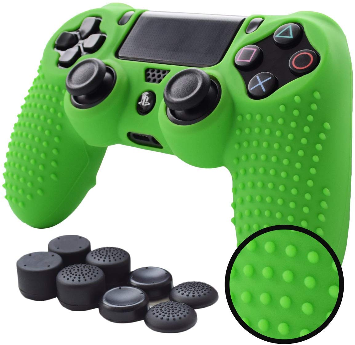 PS4 Controller Grips,Pandaren Studded Anti-Slip Silicone Cover Skin Set Compatible for PS4 /Slim/PRO Controller(Green Controller Skin x 1 + FPS PRO Thumb Grips x 8)