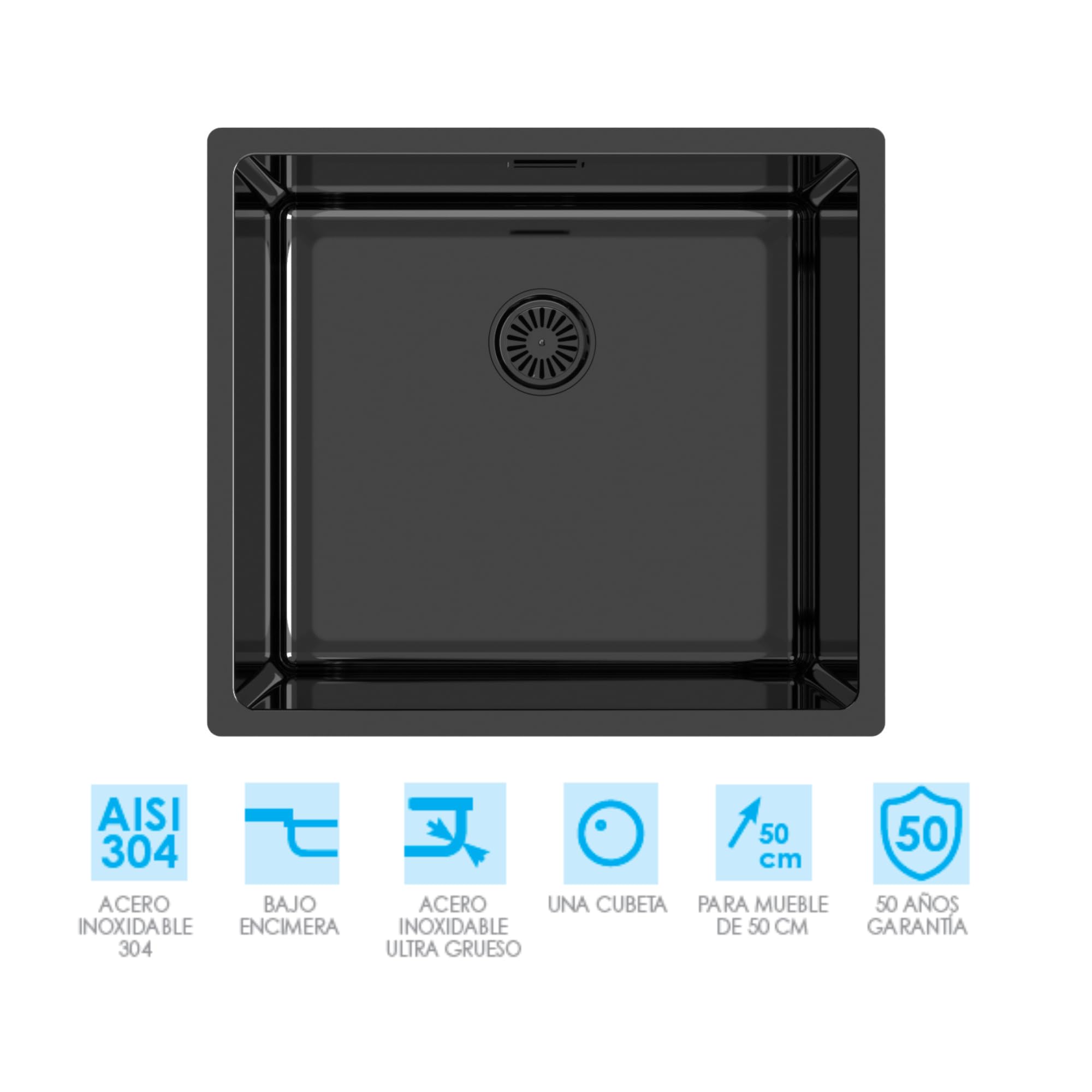 Edesa Fregadero Cocina Bajo Encimera 1 Cubeta Cuadrada FUJI BE 45X40 cm Acero Inoxidable Profundidad 18 cm Fondo Absorbente Accesorios Incluidos Color negro