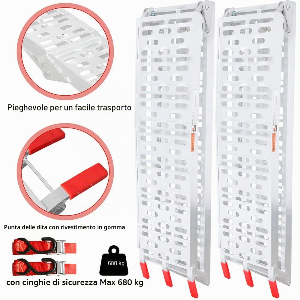 2 rampe di carico pieghevoli, 680 kg, in alluminio, guida di carico antiscivolo, max. 340 kg per pezzo, rampa di carico per moto, rimorchi, tosaerba, 226 x 30,5 x 5,5 cm