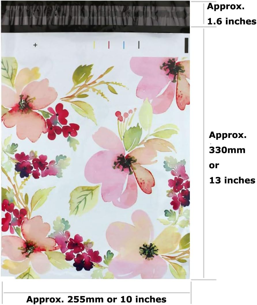 300 Counts inch Thank You inch Floral Flowers Poly Mailer Envelope Plastic Custom Mailing and Shipping Bags,Self Seal Size 10 inch X 13 inch