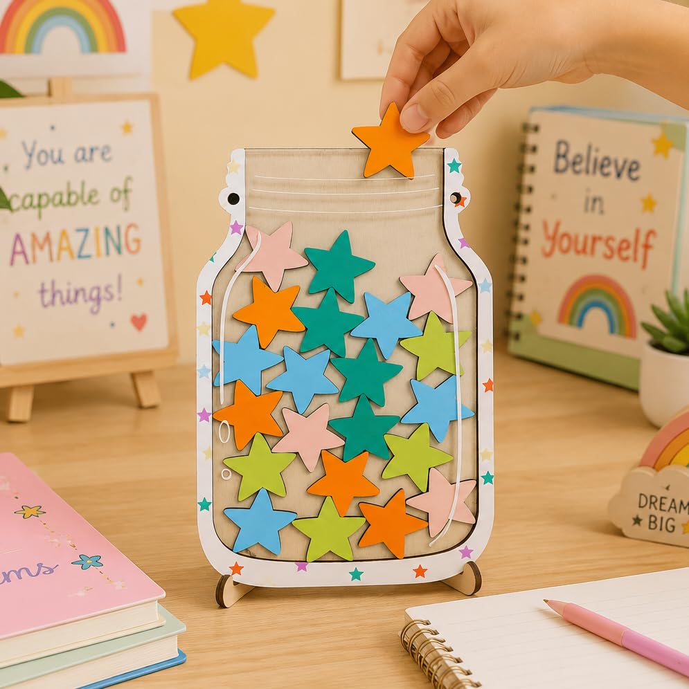 Image of Magnetic Star Reward Jar for Kids, Wooden Star Jar Reward System with Acrylic Tokens, Good Behavior Chart for Home, Classroom, Potty Training