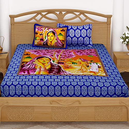 Image of Story@Home Vintage Jaipuri Collection 152 TC Cotton 1 Bedsheet for Double Bed and 2 Pillow Cover - Paisley, Blue