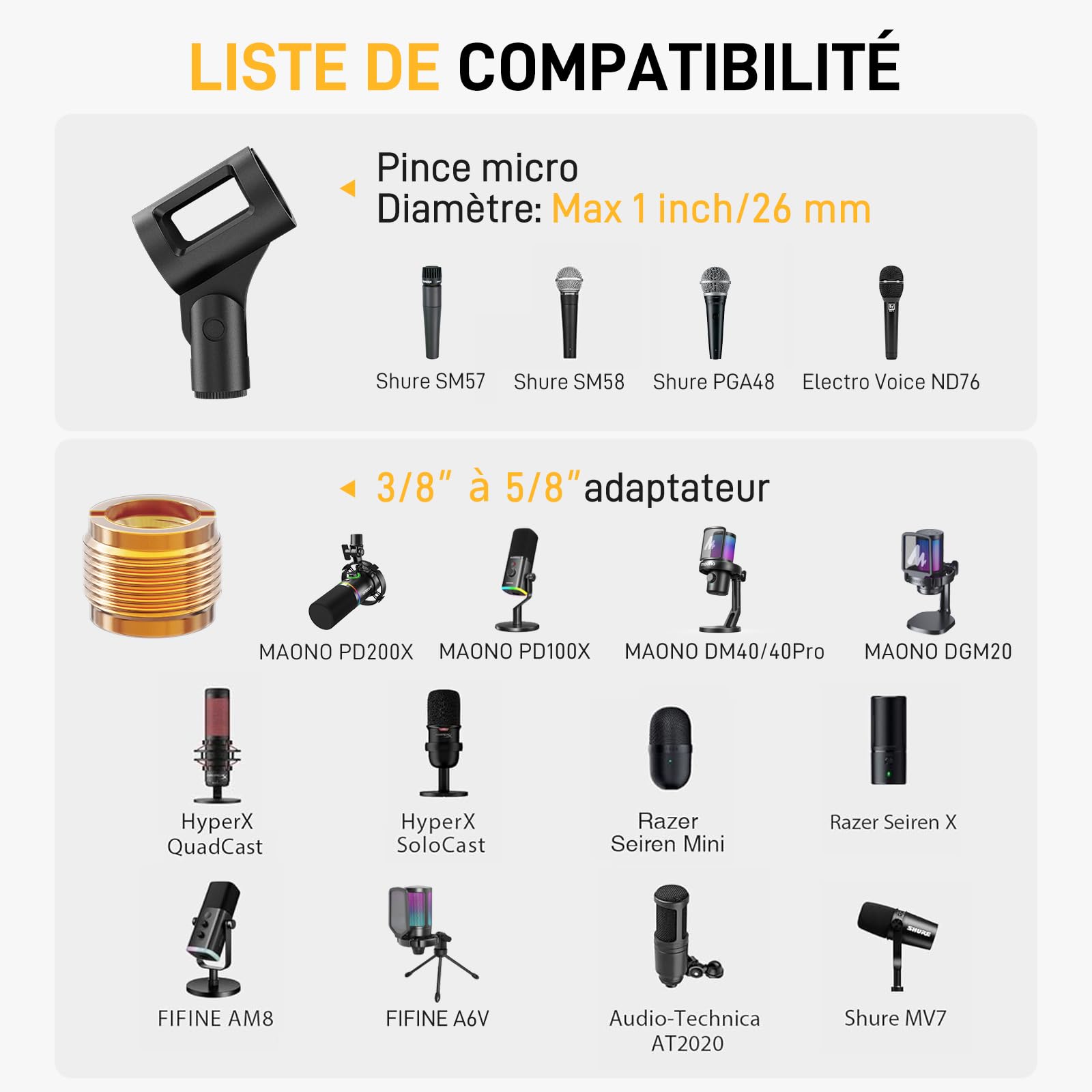 MAONO Bras Micro, Bras de Micro métallique réglable pour podcasts, jeux, streaming et enregistrement, avec pince de bureau, 3/8'' vers 5/8'' Vis Adaptateur, capacité maximale de 1 kg, BA20 Noir