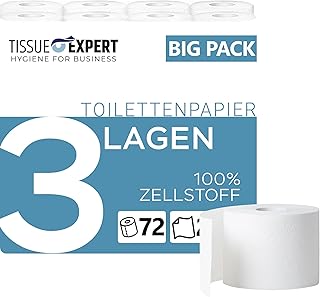 Toilettenpapier, 3-lagig, 72 Rollen x 250 Blatt, 100% Zellstoff, superweiches Klopapier, Großpackung für Gewerbe, WC Papier, ideal für Vielverbraucher, Verpackung aus 60% PCR-Anteil