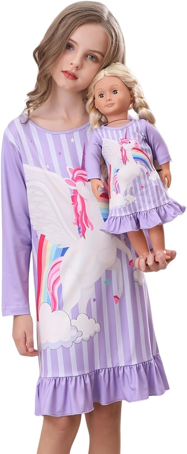 Bow Dream 2 Pcs Girl Dress Unicorn with Matching American Doll Clothes Accessories for Girls Dresses Lavender