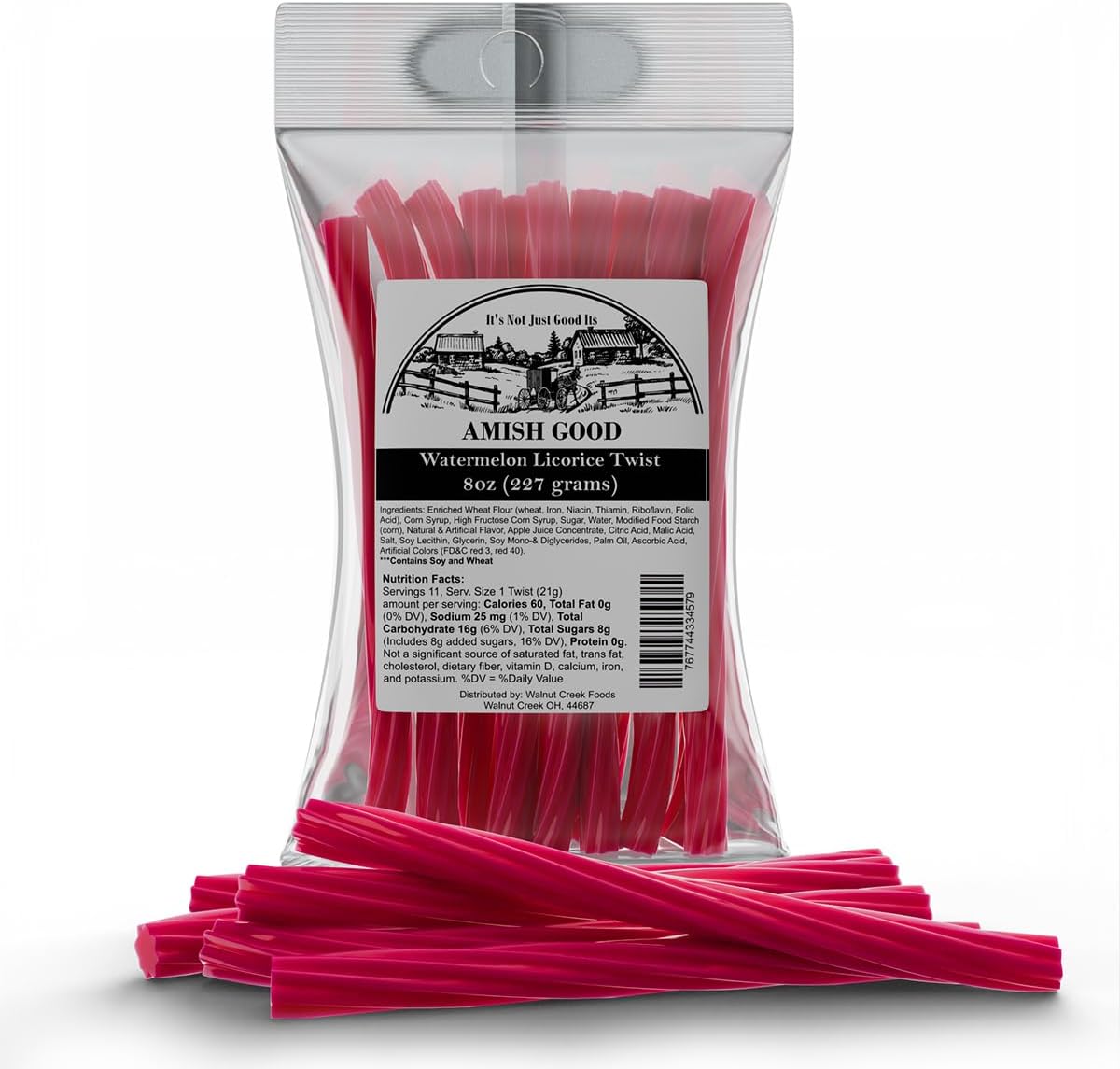 Amish Good Gourmet Licorice Twist Candy - Premium Sweet & Chewy Treat, Watermelon Jumbo Licorice Twist Perfect Snack Under 100 Calories (2 Pack)