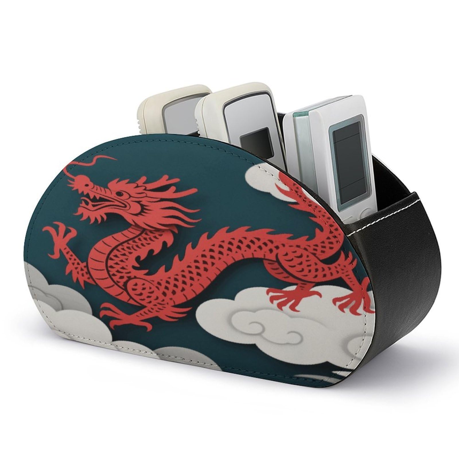 VstaDank Paper Dragon PU Leather Remote Control Holder Multifunctional Office Organizer Makeup Brush Holder Computer with 5 Compartments Player Box
