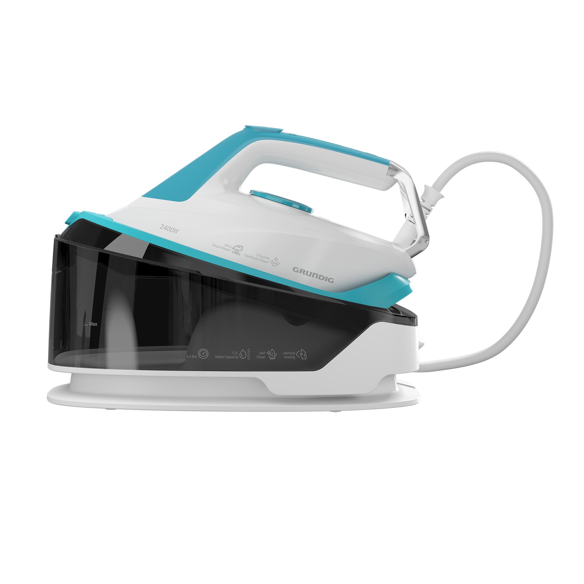 GRUNDIG Plancha de vapor SIS 6550 2400 W, 6,5 bar, vapor de 110 g/min y supervapor adicional de 360 g/min, suela de cerámica, autolimpieza y depósito de agua de 1,2 l, calentamiento rápido, blanco