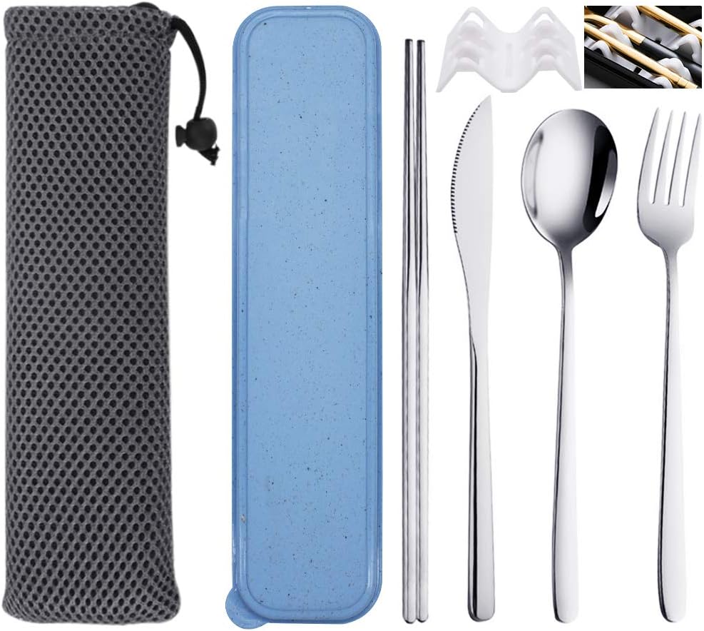6 Pcs Portable Stainless Steel Flatware Set, Travel Reusable Utensils Set Cutlery Set Including Knife Fork Spoon Chopsticks Carry Case for School, Office, Camping, Picnic(Sliver)