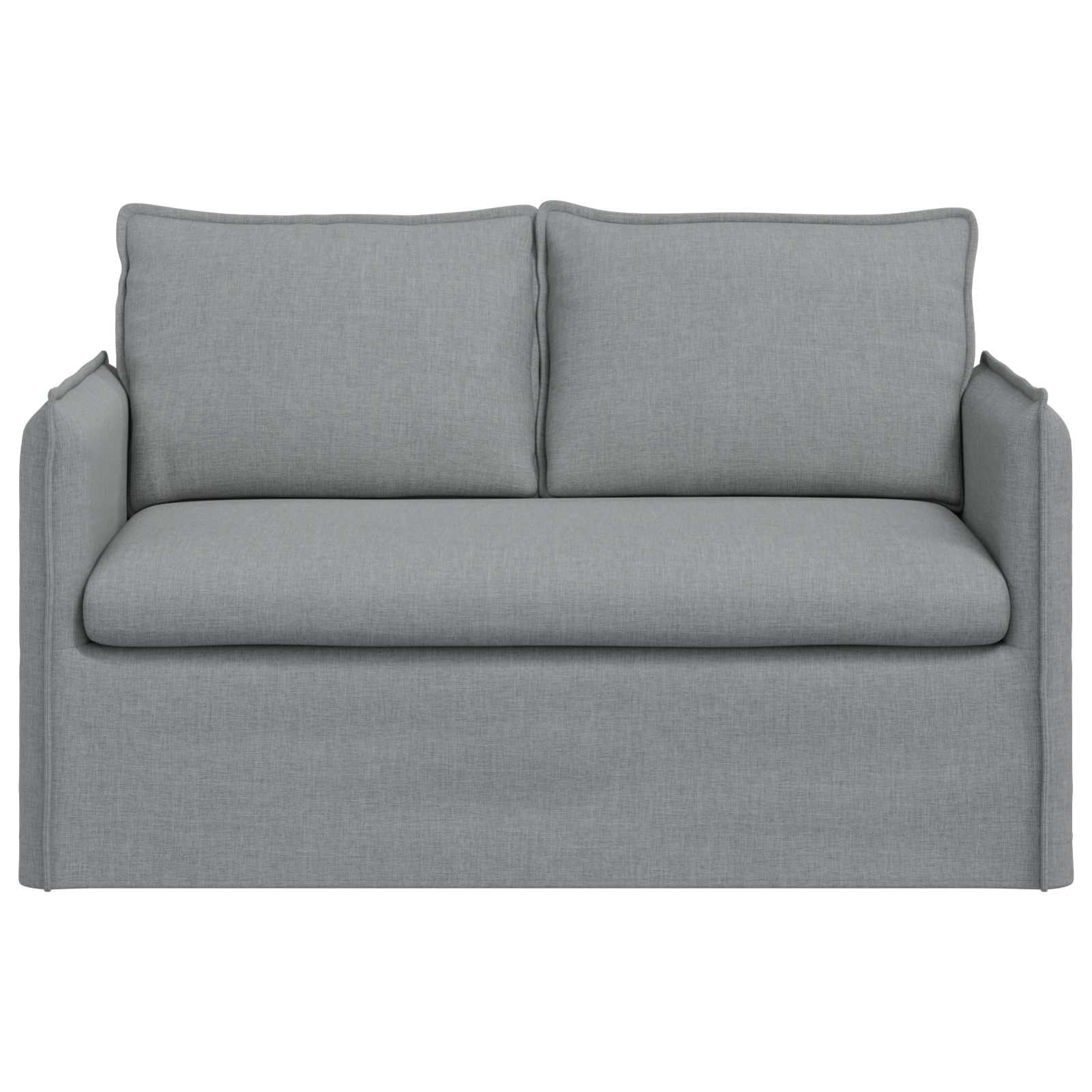 Divano rettangolare moderno, design modulare componibile, struttura metallo e legno, tessuto grigio traspirante, imbottitura schiuma fibra, dimensioni 136x82x85 cm, per soggiorno e camera da letto