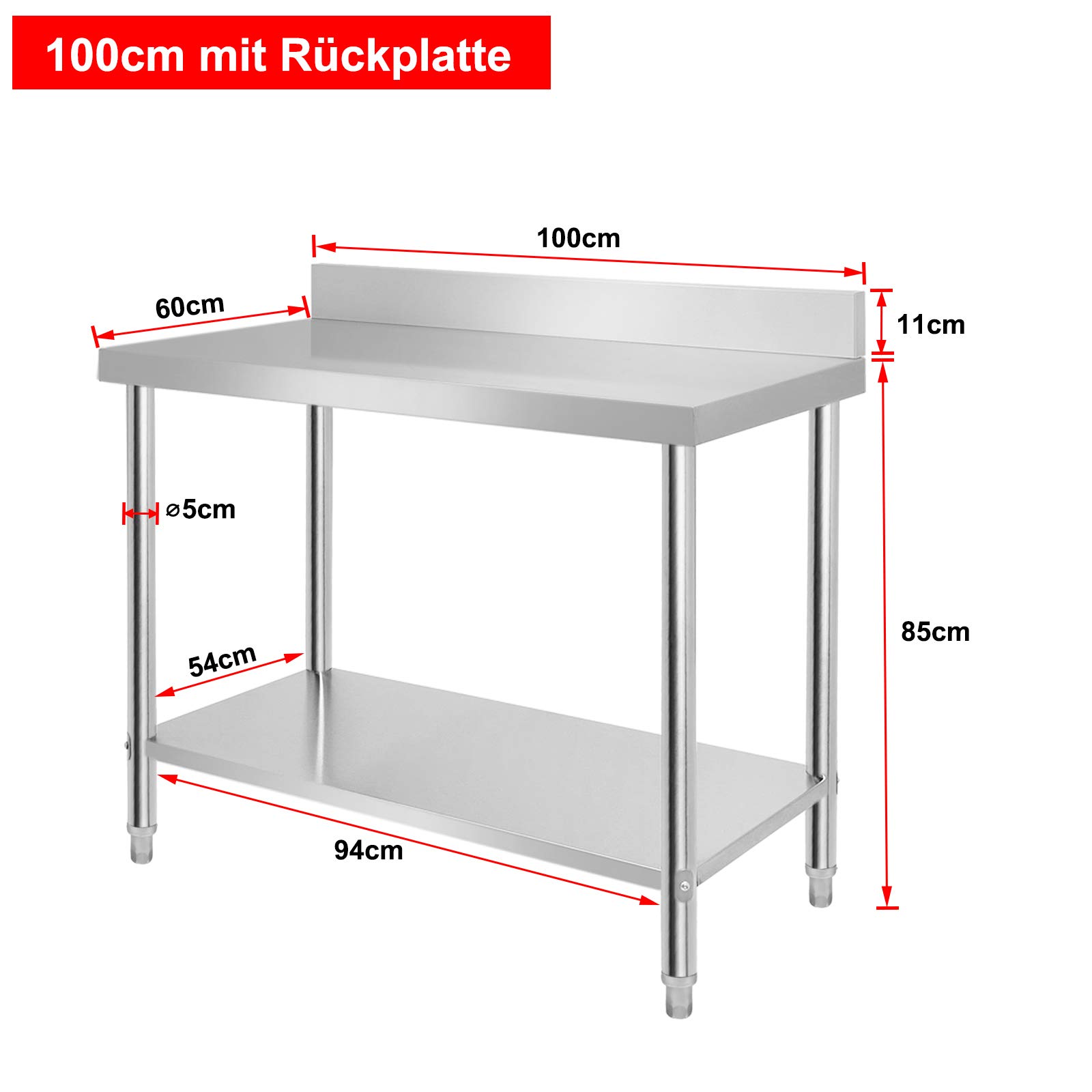 Froadp 100x60x85cm Mesa de Comedor de Cocina de Acero Inoxidable, Banco de Trabajo Profesional de Doble Capa con Protector Contra Salpicaduras, Mesa de Preparación de Alimentos en Hoteles Restaurantes