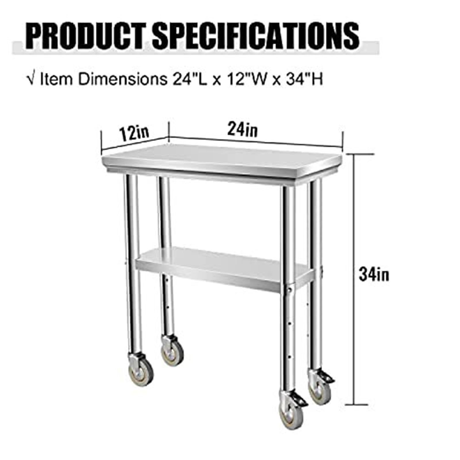 Tavolo da lavoro portatile multifunzione in acciaio inox con ruote bloccabili e ripiano inferiore, 61 x 30,5 cm, tavolo da cucina/pranzo per chef domestici e intrattenimento, design salvaspazio