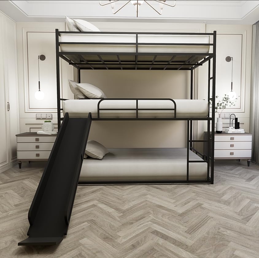 Bellemave Triple Beds with Slide Full Over Full Over Full Bunk Bed Frame 3 Bed Bunk Beds for Kids Teens Boys Girls with 2 Ladder/Full-Length Guardrails, Black