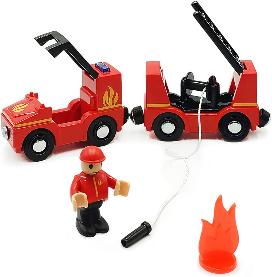 Wooden Train Cars Track Accessories Set Rescue Fire Truck Small Vehicles Magnetic Train Cars Fit for Wooden Train Track Railway for Boys and Girls (Fire Truck(with Light and Sound))