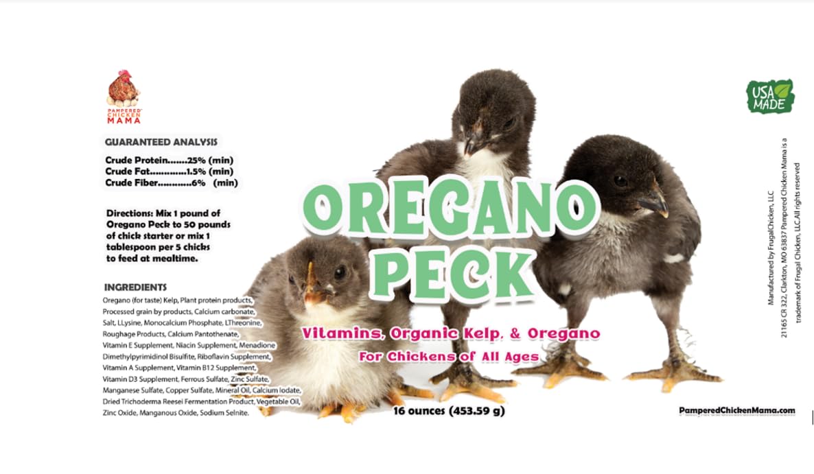 Pampered Chicken Mama Oregano Peck Chicken Feed Supplement with Organic Kelp & Oregano | Protein Rich Chicken Treats for Hens, Baby Chick Feed (8 Pound)