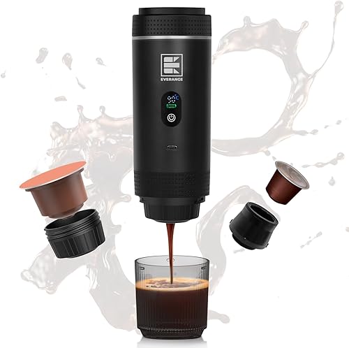 Máquina eléctrica portátil de café expreso, cafetera de viaje compatible con café molido y cápsulas NS (negro con pantalla LCD)