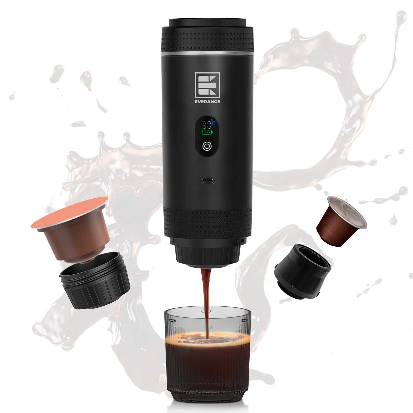EVERANGE Portable Electric Espresso Machine, Travel Coffee Maker Brewer Compatible with Ground Coffee & NS Capsules (Black with LCD Screen)