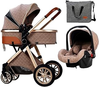 3 in 1 Baby Pram Pushchair Buggy Stroller Travel Stroller Pushchair High Landscape Reversible Foldable Portable Standard Stroller Newborn Reclining Baby Carriage (Color : Khaki)