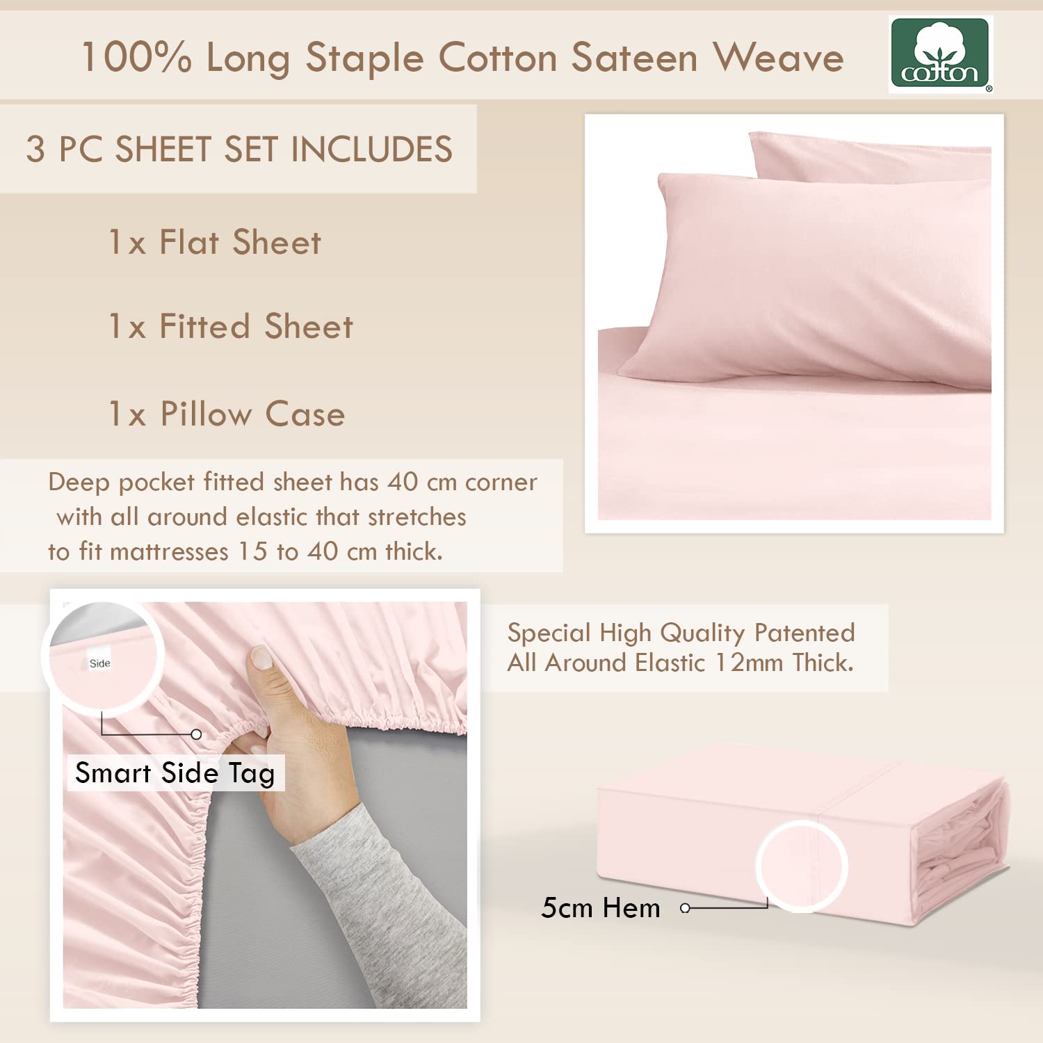 Pizuna Set Lenzuola letto singolo Cotone 90x200 cm Rosa Chiaro, 400 fili con trama Sateen in 100% Cotone a fiocco lungo Completo lenzuola con 1 lenzuolo con angoli, 1 lenzuolo sopra, 1 federa
