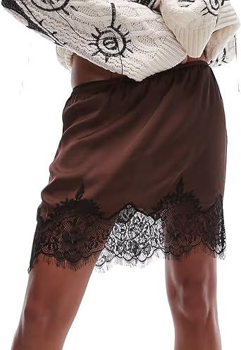Women Lace Trim Silk Mini Skirt Y2k Lacy Satin A Line Half Silp Short Skirt Cute High Waist Underskirt