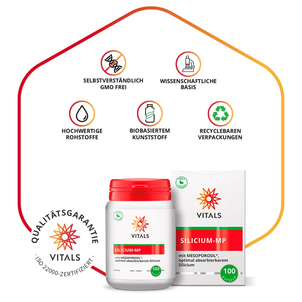 Vitals - Silicium-MP 100 Kapseln mit Mesoporosil, optimal resorbierbarem Silicium. Mit natürlichen Hilfstoffen aus Reis und Maniok. Einzigartige Form von Silizium.
