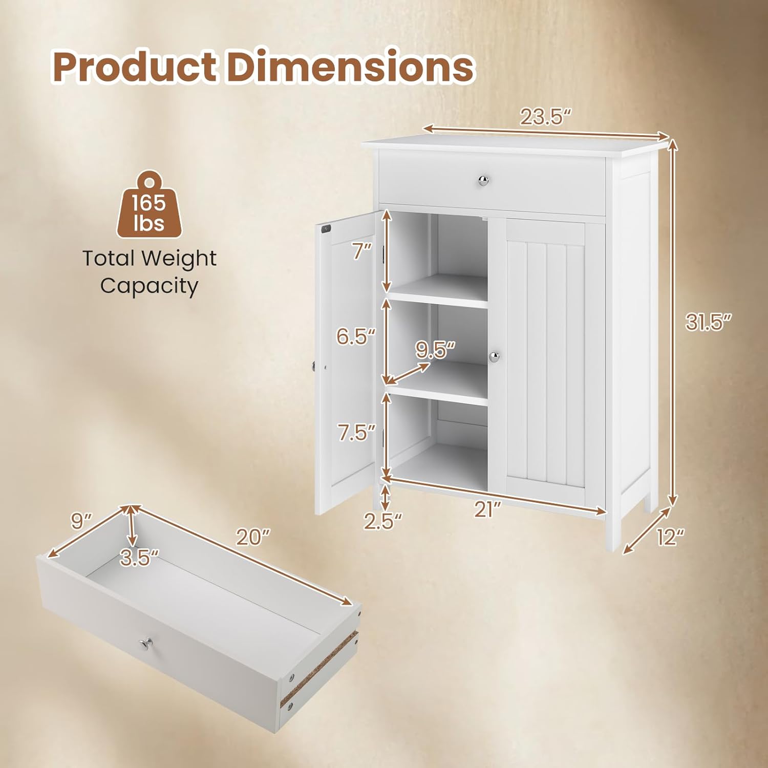 Diagram showing the dimensions of the Giantex White Storage Cabinet and its drawer.