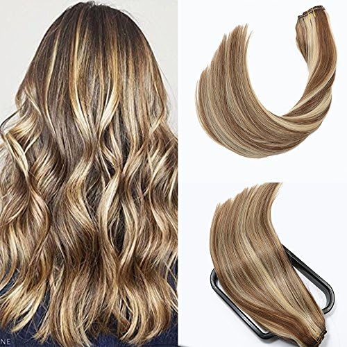 HUAYI Clip In Human Hair Extensions Light Brown with Bleach Blonde Highlights #6P613 Clip In Hair Extensions 15Inch 7PCS 16Clips Full Head Thick Long Soft Silky Straight Remy Hair 70g for Women Beauty