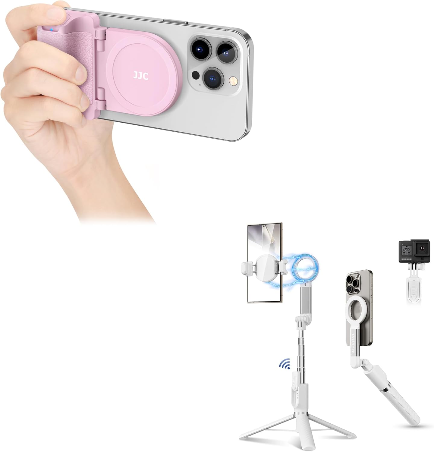 Pink Magnetic Phone Camera Grip with Extendable Selfie Stick for iPhone 15 14 13 12 Series MagSafe Phone Cases for Selfie Vlogging Video Recording