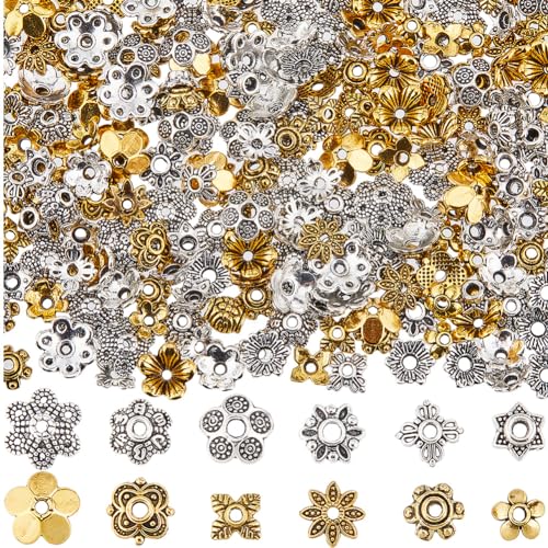 SUNNYCLUE 1 Box 360Pcs 12 Styles Spacer Beads Bulk Flower Bead Caps Findings Tibetan Silver Alloy Antique Gold Metal Filigree Flowers End Caps for jewellery Making Supplies DIY Bracelet Necklace