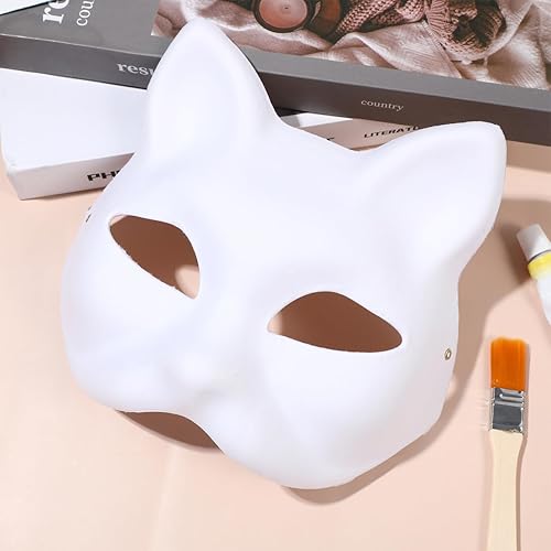Miniatura 9 de STOBOK 10 máscaras faciales de gato de animales sin pintar en blanco, pintadas a mano, máscara facial blanca para Mardi Gras, fiesta de máscaras,