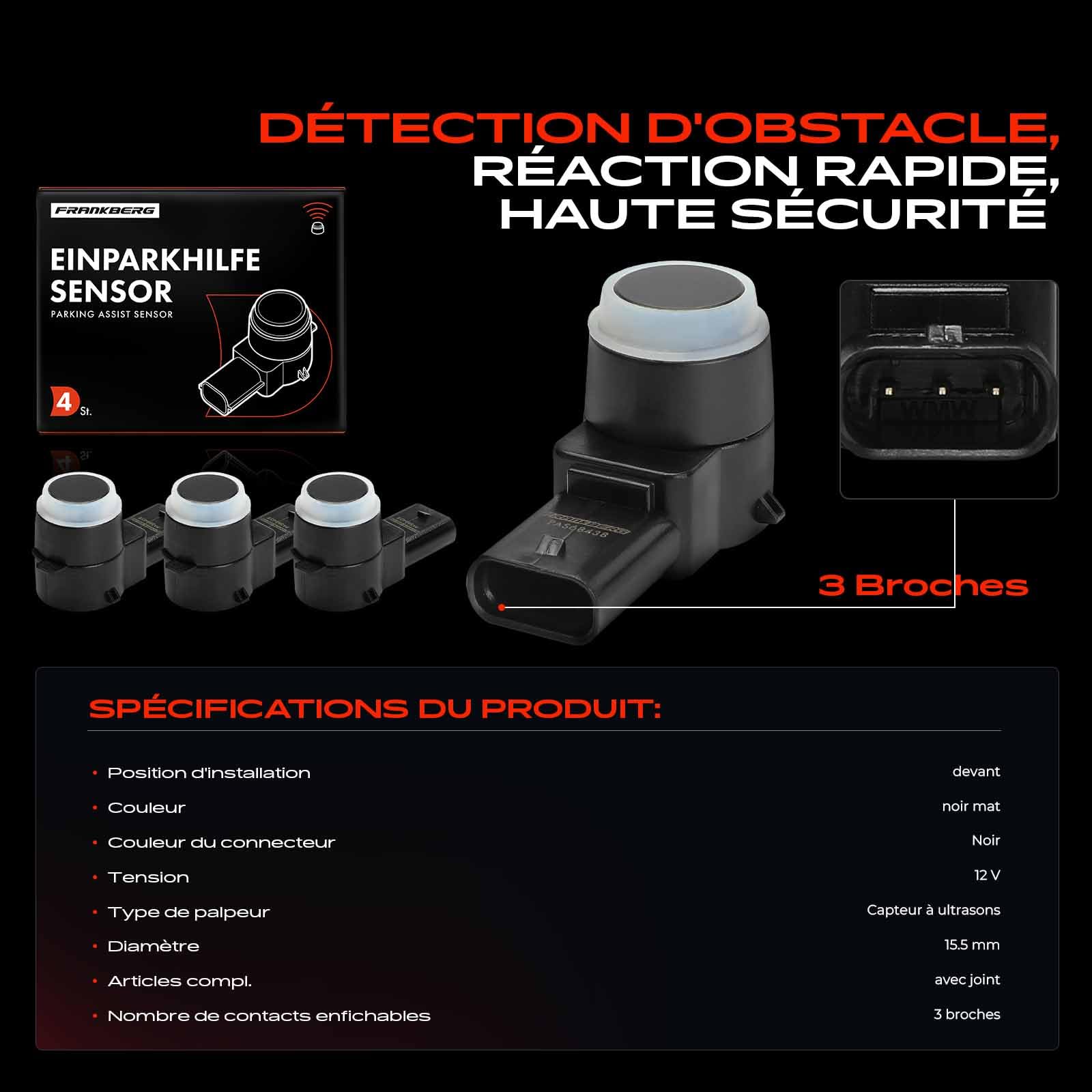 Frankberg 4x Capteur de stationnement PDC Vorne Compatible avec 307 3A/C 1.4L-2.0L 2000-2012 308 CC 4B 1.6L 2.0L 2009-2014 308 I 4A 4C 1.4L-2.0L 2007-2014 Remplacer# 2125420118