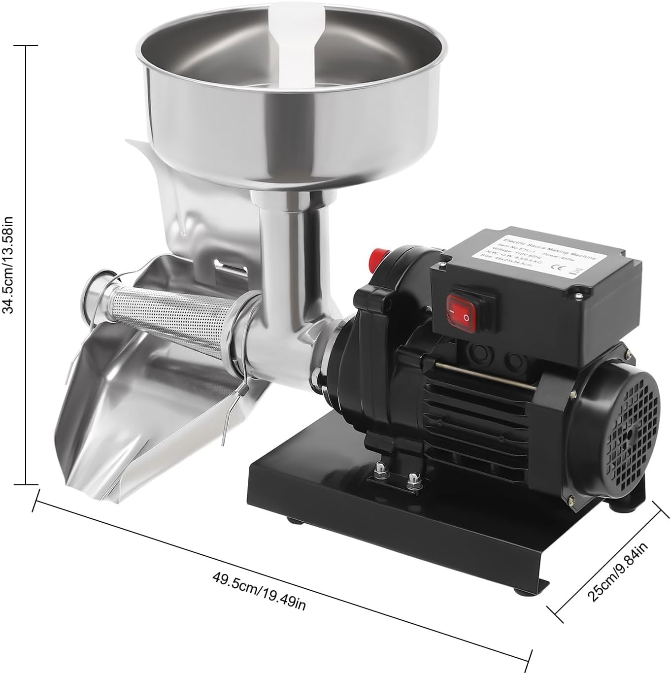 450W Electric Strainer, Stainless Steel Mill Machine with Funnel and Trough, 198.42-352.74lbs/H Tomato Press and Sauce Maker Food Mill for Sauce Silver+Black 110V
