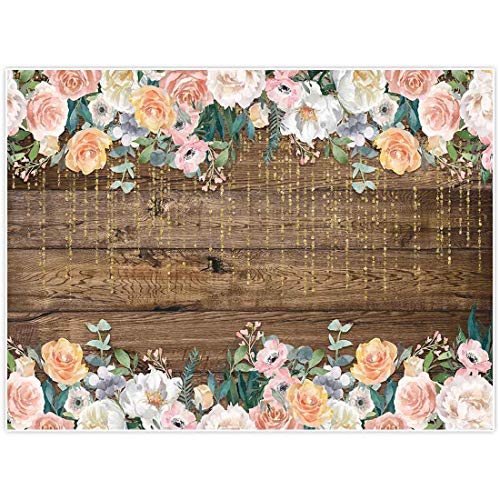Allenjoy 8x6ft Rustic Floral Wooden Backdrop for Boho Baby Bridal Shower Wedding Graduation Photography Pictures Brown Wood Floor Flower Wall Background Newborn Birthday Party Banner Photo Shoot Booth