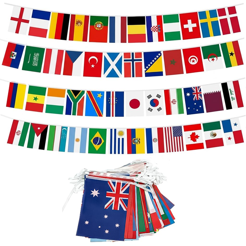 Velnos World Football Cup Bunting 2026, 48 Teams Flags of the World, Double Sides Tournament Decorations for Football Events