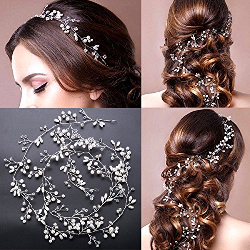 100Cm / 39.3In Crystals Bridal Wedding Jewelry Hair Accessories For Women, 1 Pair Of Crystal Rhinestone Hair Pins, 20 Pack Pearl Flower Crystal Hair Pins Clips,1 Pack Hair Headpiece Pearl #TOP3