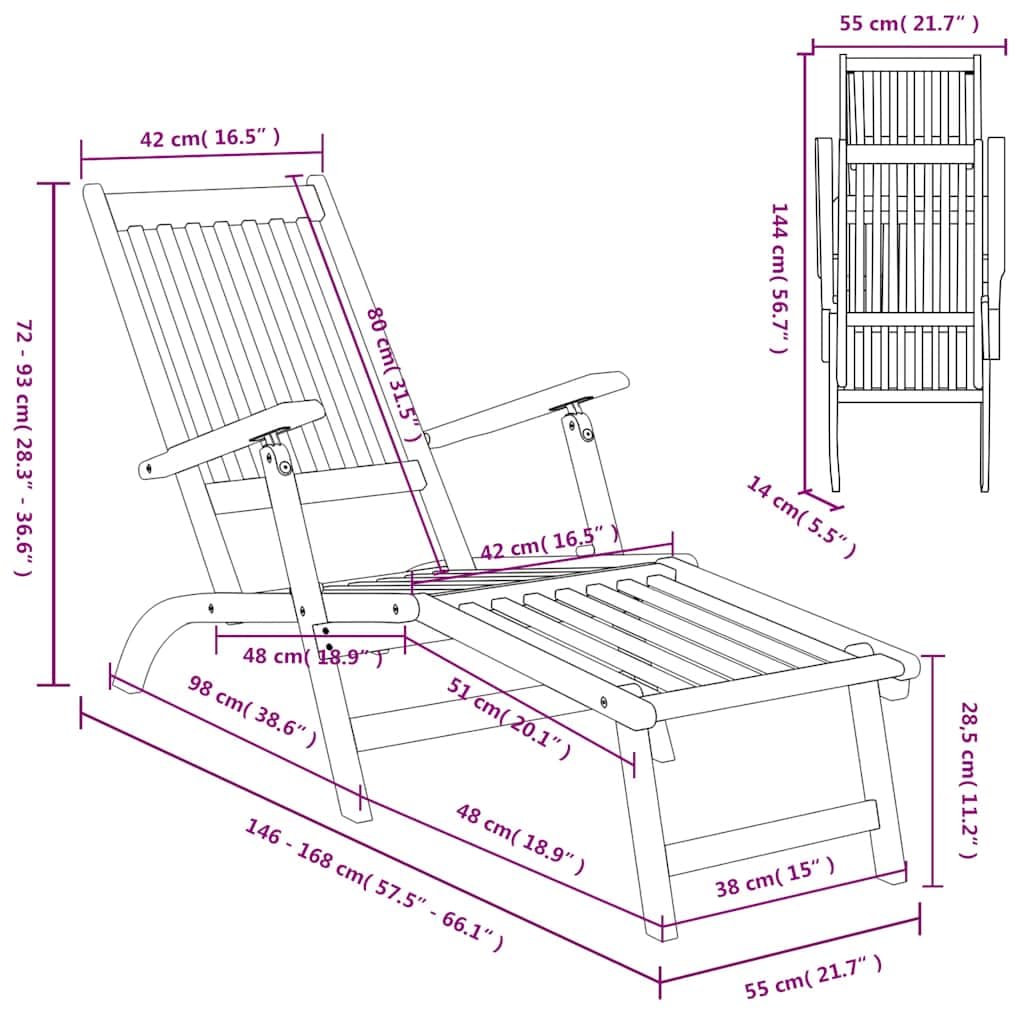 Tumbona de jardín de madera de acacia con reposapiés ajustable, plegable, ergonómica, resistente a la intemperie, para terraza, balcón, piscina, ideal para relajarse y acampar con reposabrazos
