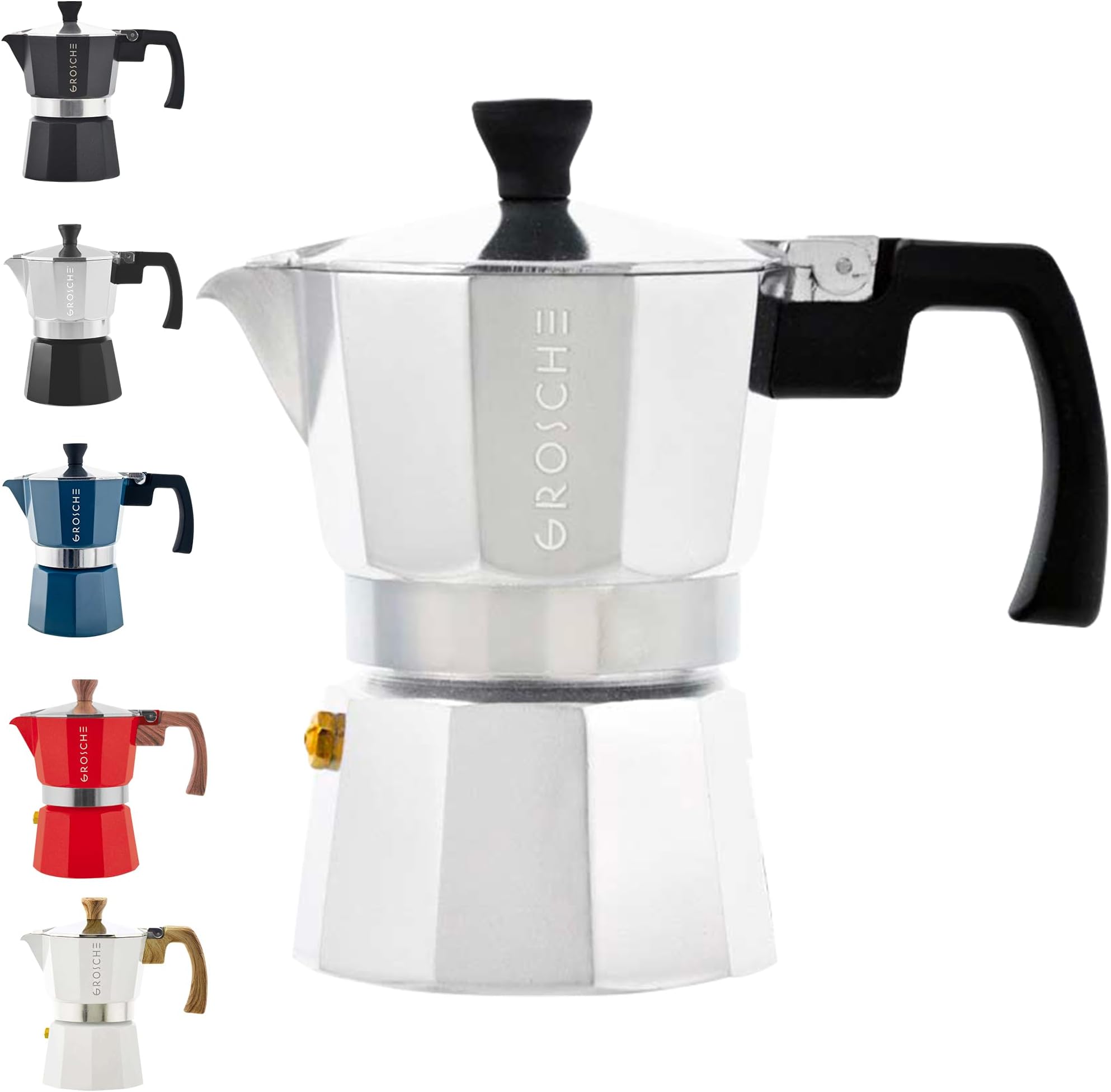 GROSCHE Milano Stovetop Espresso Maker Moka Pot 3 Cup - 5oz, Silver - Cuban Coffee Maker, Italian Espresso Greca Brewer Percolator