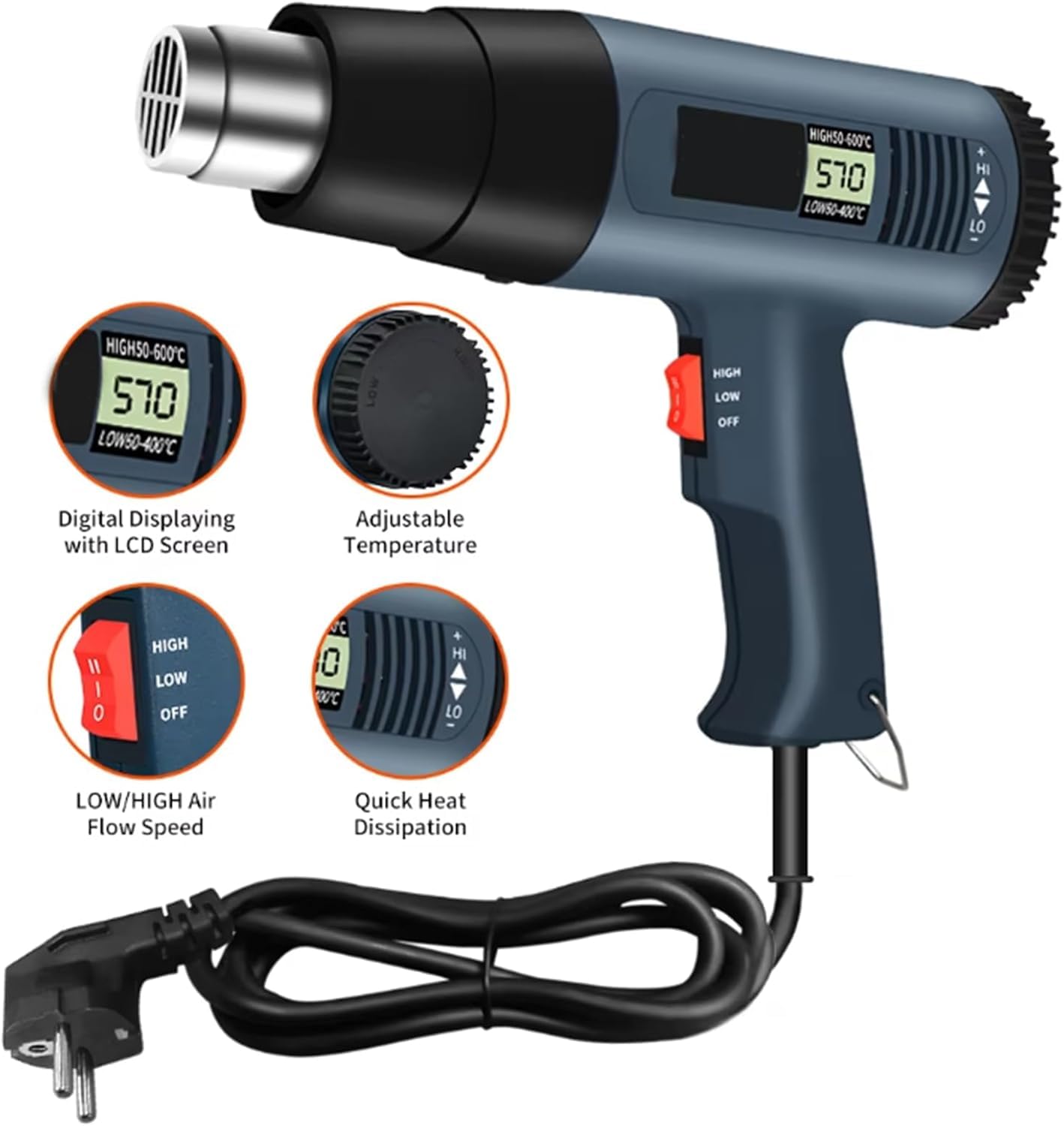 Pistola de aire caliente 2000W con pantalla LCD, temperatura regulable 50°C – 600°C, 2 velocidades de viento – ideal para bricolaje, retracción de PVC, decapado de pintura